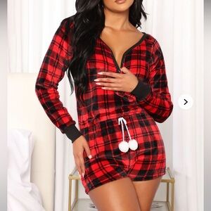 Cozy Snow Day Plush PJ Romper - Red/Black